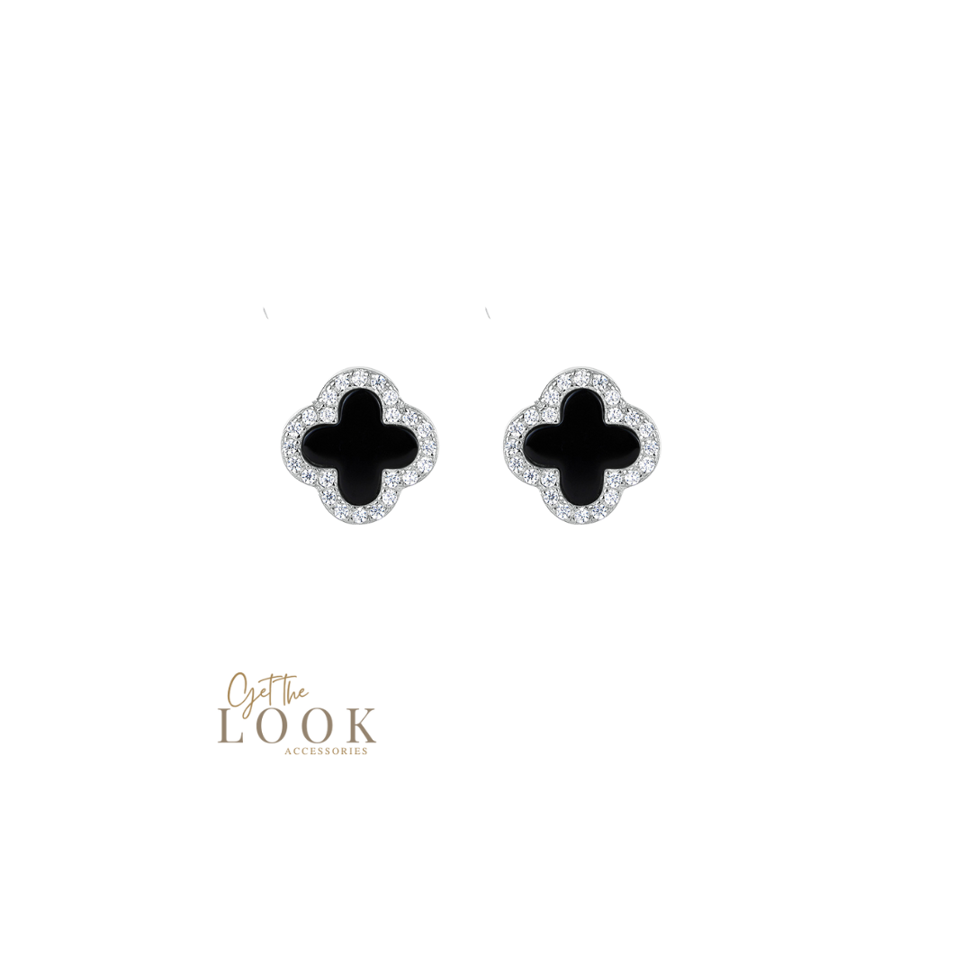 Luxe Clover Stud Earrings - Silver & Black Onyx