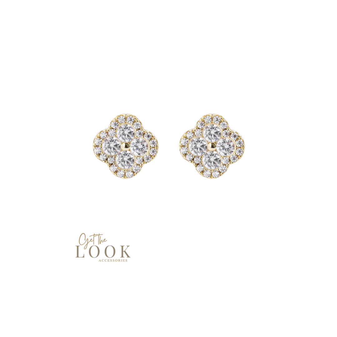 Luxe Full Diamond Clover Stud Earrings - Gold