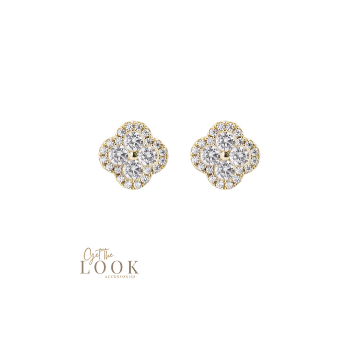 Luxe Full Diamond Clover Stud Earrings - Gold
