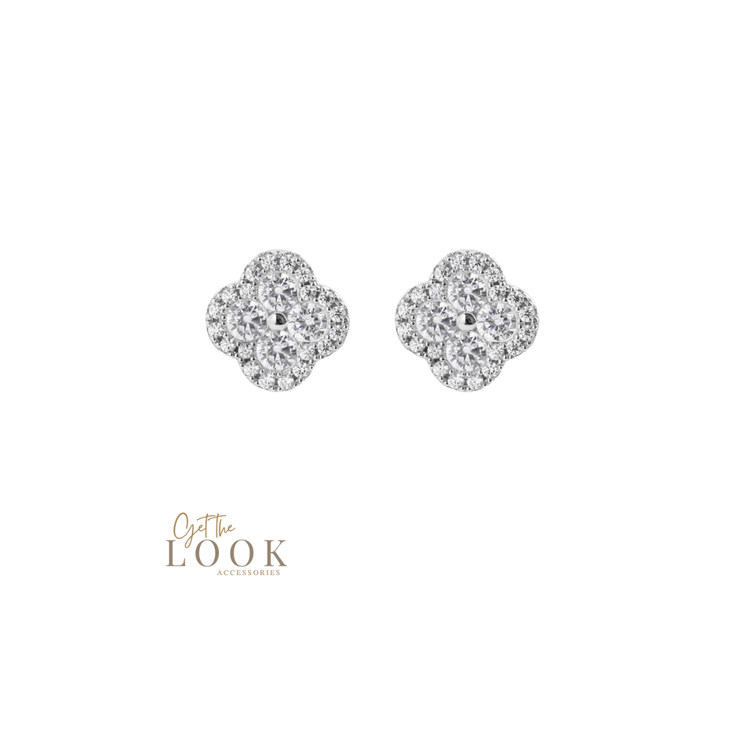 Luxe Full Diamond Clover Stud Earrings - Silver