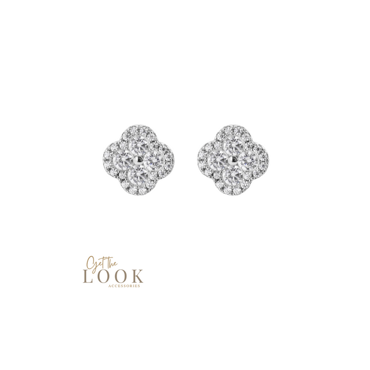 Luxe Full Diamond Clover Stud Earrings - Silver