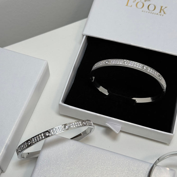 Forget Me Not Full Diamond Bangle - Silver